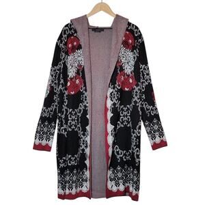 Vertigo Tapestry Baroque Hooded Long Duster Cardigan Black Red Size M Boho Chic